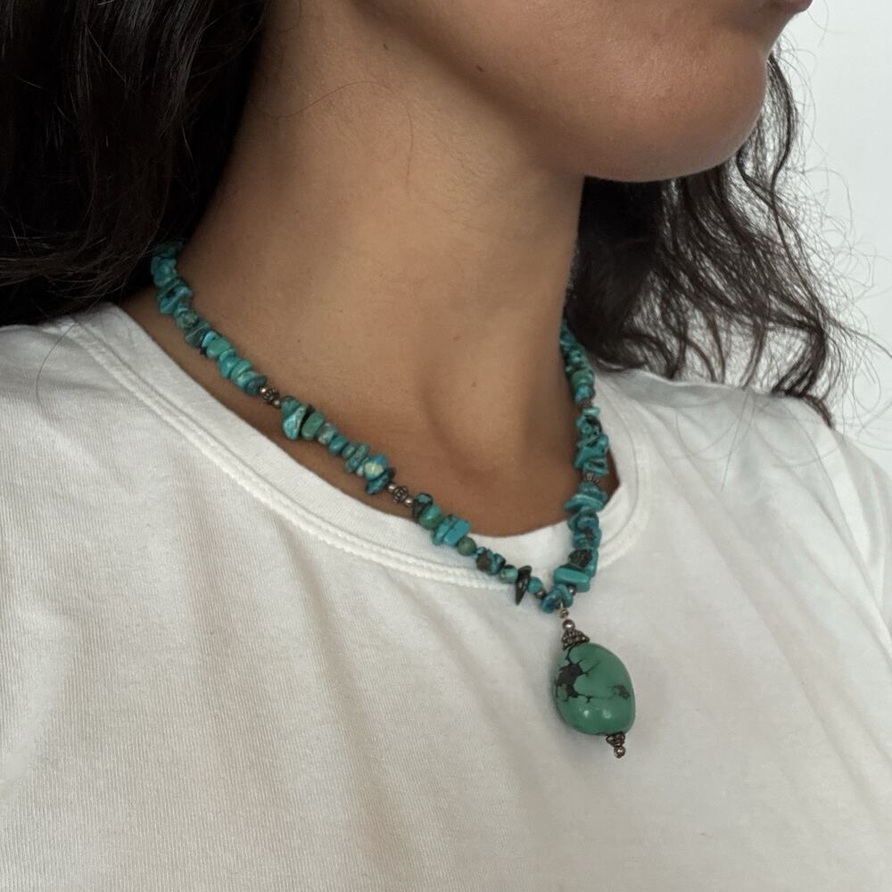 Vintage Turquoise Chip Necklace 925 Sterling Silver Clasp 10” Statement Pendant